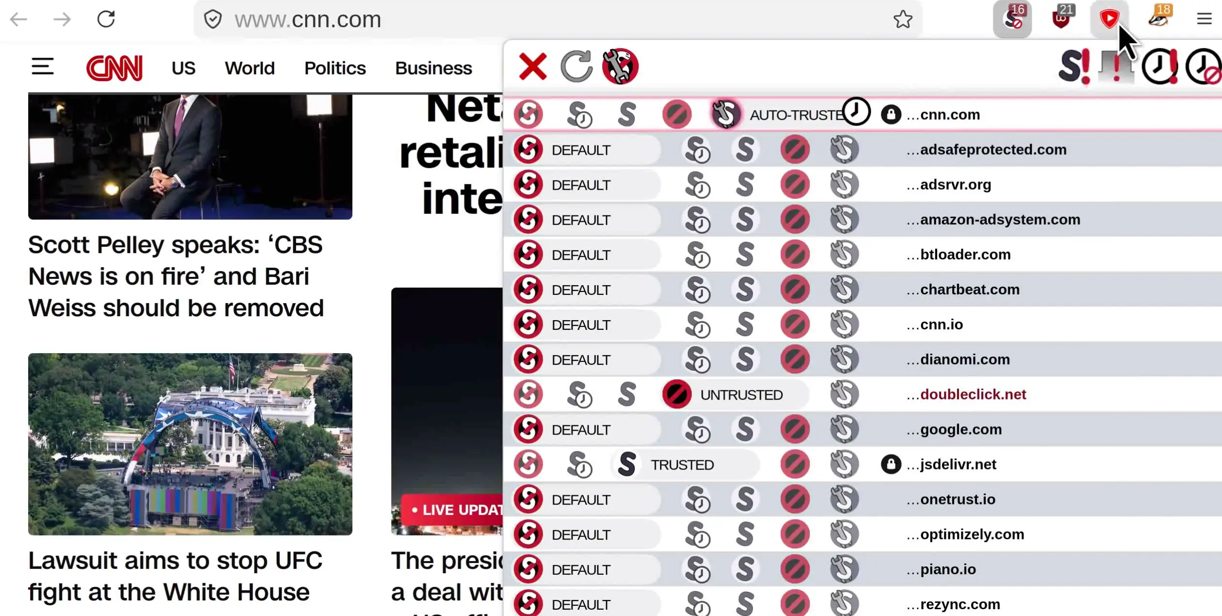 A screenshot of CNN.com showing dozens of active tracking scripts loaded by the page.